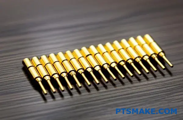 Close-up of precision gold-plated electronic connector pins showing reflective golden coating surface finish