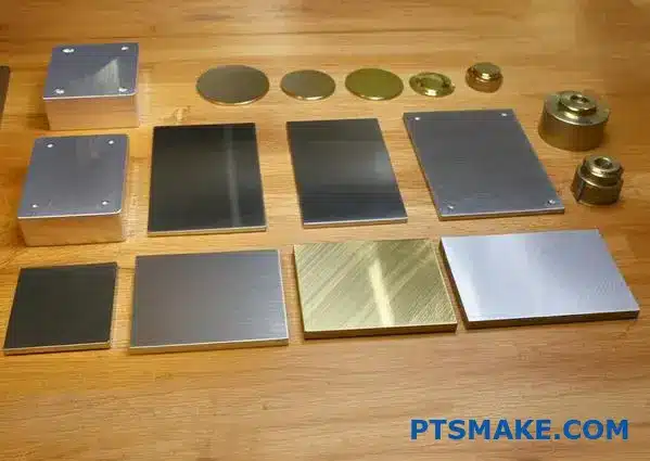 Various metal specimens including aluminum and stainless steel samples arranged for electroplating compatibility assessment and surface treatment evaluation