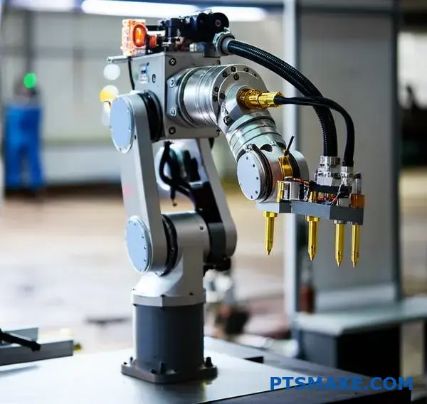 High-precision robotic arm showcasing golden plated connector components for enhanced electrical connectivity and performance