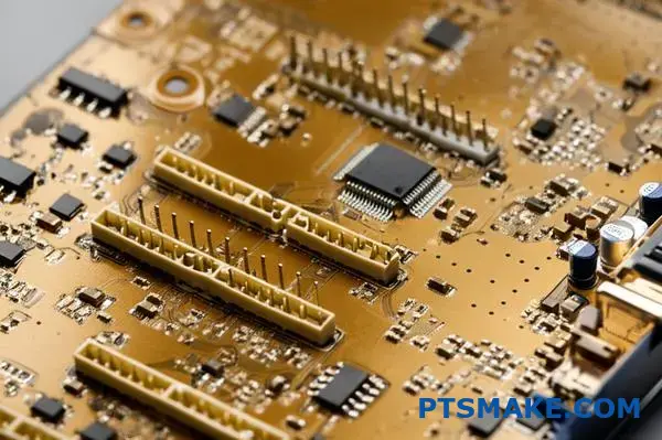 Close-up of gold-plated circuit board showing advanced electroplating technology and precious metal coating applications