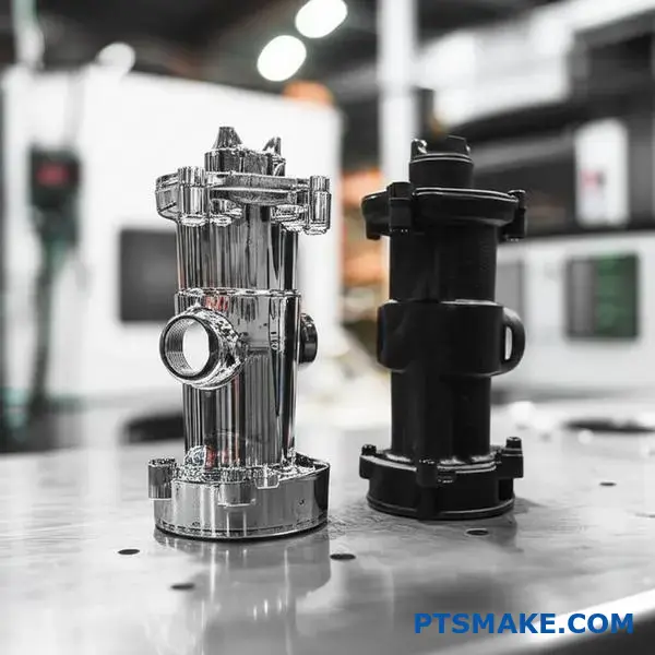 Parti di motori automobilistici con finiture di cromatura tradizionale e cromatura nera affiancate su un banco di lavoro