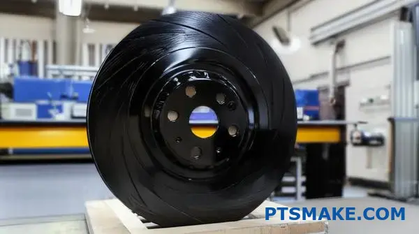 Primo piano di un disco freno automobilistico rivestito di cromo nero su un banco di prova che mostra la qualità della finitura superficiale metallica scura