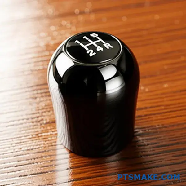 Finitura cromata nera lucida sul pomello del cambio automobilistico che mostra una superficie riflettente profonda e un rivestimento di qualità superiore