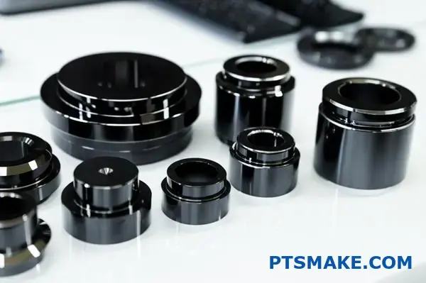 Varie parti metalliche cromate nere che mostrano diversi spessori di rivestimento per applicazioni di ingegneria di precisione