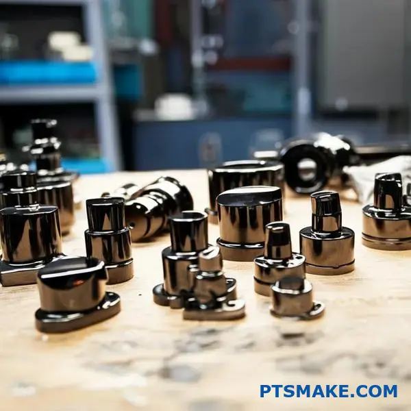 Parti metalliche con finitura cromata scura per mostrare alternative ecologiche di galvanizzazione per applicazioni di produzione automobilistica