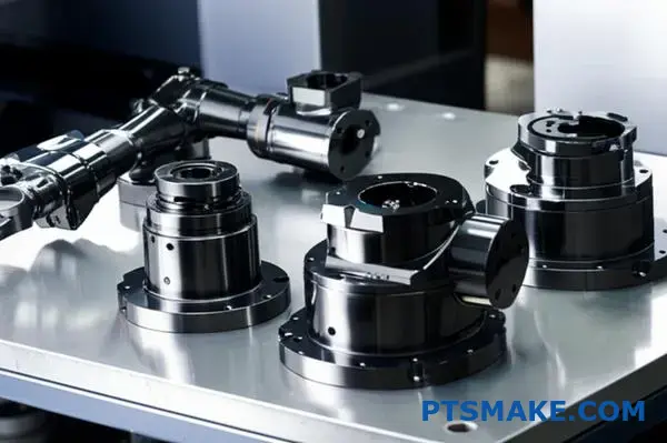 Parti del braccio robotico cromate scure che mostrano una finitura metallica opaca e una progettazione di precisione su un banco di lavoro industriale