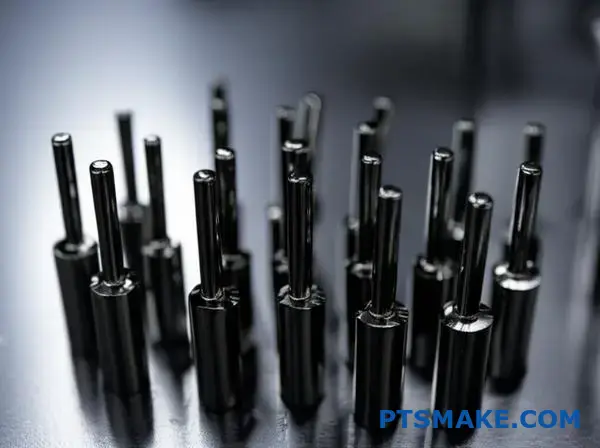 I pin dei connettori elettronici di precisione, con finitura cromata scura, dimostrano le proprietà di conducibilità elettrica nelle applicazioni di produzione.