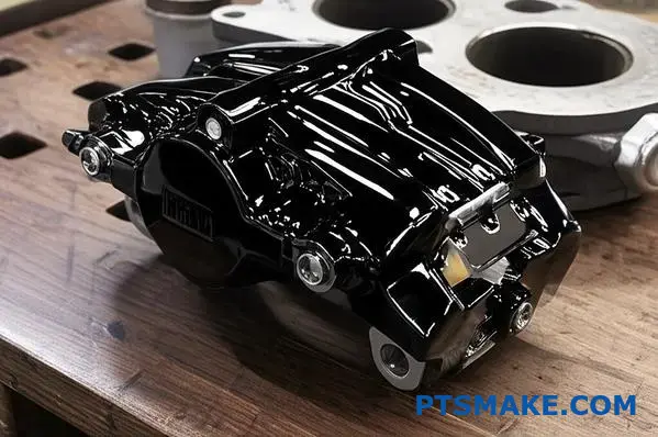 Parti automobilistiche con finitura cromata nera esposte sul tavolo dell'officina per mostrare la qualità del rivestimento metallico