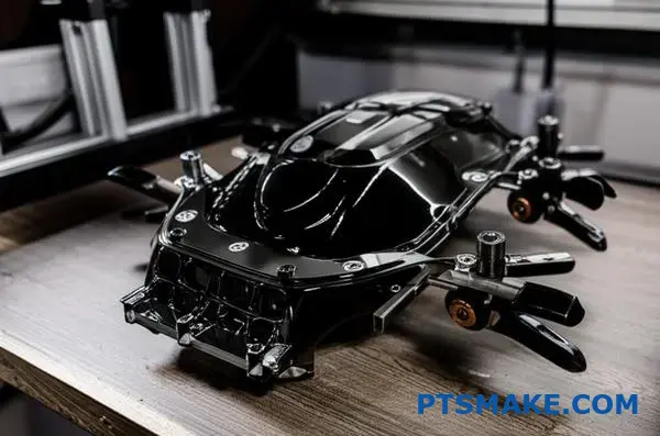 Componenti automobilistici con finitura cromata nera fissati in un dispositivo di precisione che mostra la corretta impostazione dei contatti elettrici