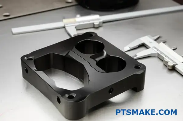 Staffa di precisione in alluminio con finitura cromata scura che mostra le caratteristiche dimensionali e le variazioni di spessore della placcatura sulla superficie di misura