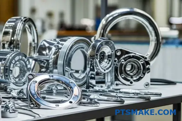 Pochrómované hliníkové a oceľové automobilové komponenty s kovovými povrchmi a reflexnými plochami na dielenskom stole