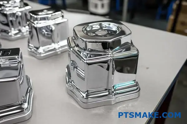 Pochrómované hliníkové automobilové diely zobrazujúce zrkadlový povrch a hrúbku povlaku na dielenskom povrchu