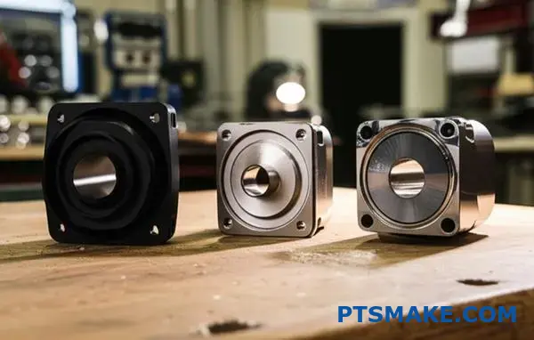 Rôzne hliníkové komponenty s ukážkami práškového lakovania, eloxovania a elektrolytického niklovania ako alternatívy k chrómovaniu