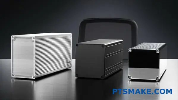 Tri hliníkové elektronické skrinky s rôznymi ochrannými povrchovými úpravami vrátane číreho eloxovaného náteru a chrómovania