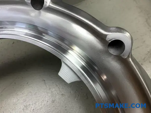 Hliníková brzdová súčiastka vykazujúca odchýlky hrúbky chrómového povlaku a problémy s rovnomernosťou pokovovania na dielenskom stole