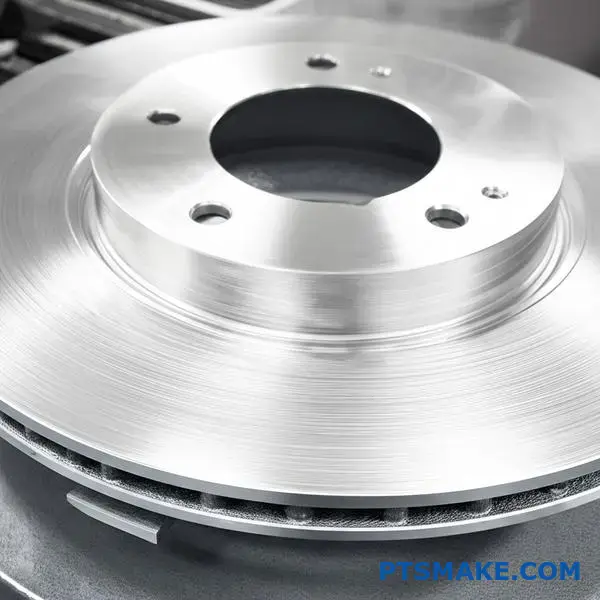 Nauwkeurig bewerkte remrotor met geborstelde metalen oppervlaktebehandeling met fijne structuur op werkplaatstafel