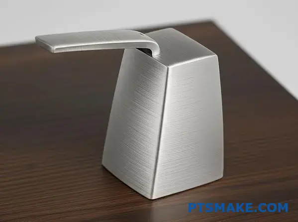 Moderne kraanhendel met oppervlaktebehandeling in geborsteld nikkel met lineaire textuur en mat uiterlijk