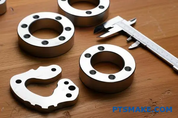 Metalen onderdelen met gepolijste nikkelcoating getoond op werkbank met meetinstrumenten voor maatnauwkeurigheid