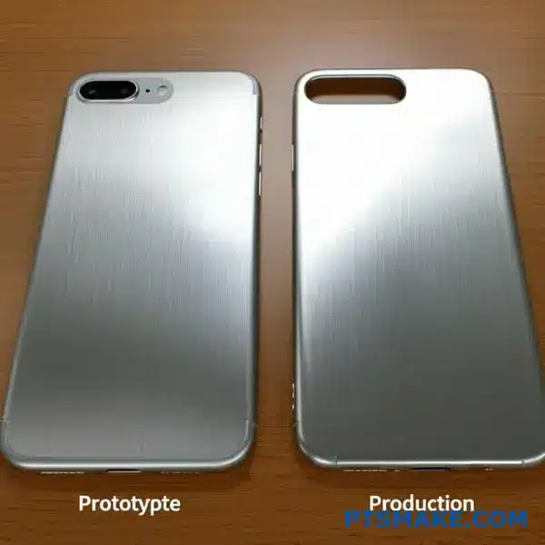 Zij-aan-zij vergelijking van smartphonehoesjes afgewerkt met geborsteld nikkel toont verschillen in prototype- versus productiekwaliteit