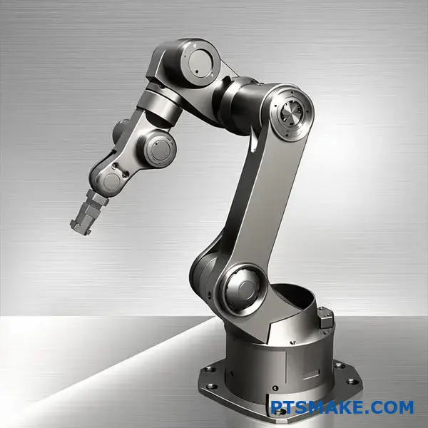 Hoogwaardige robotarm met geborsteld metalen oppervlak met geraffineerde zilveren afwerking op industrieel werkstation
