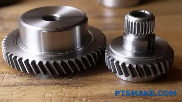 Gedetailleerd overzicht van precisie tandwielonderdelen met geborstelde metalen oppervlaktebehandeling op werkplaatstafel