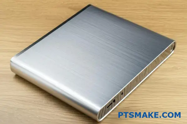 Moderne elektronische behuizing met premium geborsteld metalen oppervlak op houten werkblad