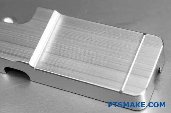 Närbild av precisionsbearbetat aluminiumfäste med borstad metallisk ytfinish som visar detaljerad textur och måttnoggrannhet