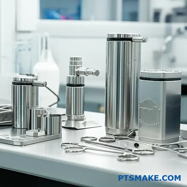 Professionella delar till medicintekniska produkter med polerad metallisk ytfinish visas på en arbetsstation i ett laboratorium