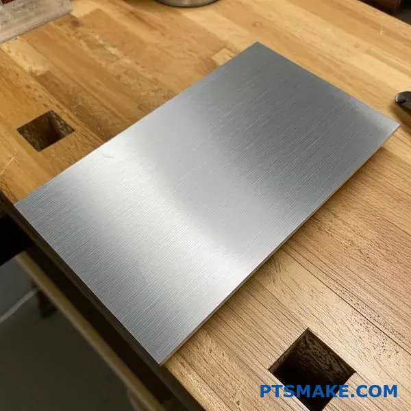 Detaljerad närbild på ytan av borstat rostfritt stål som visar riktat ådringsmönster och metallisk ytstruktur