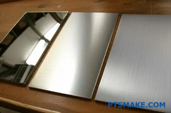 Tre plattor i rostfritt stål med spegel-, satin- och borstad ytfinish på verkstadsbordet