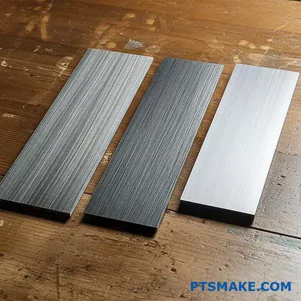 Tre prover i rostfritt stål som visar olika texturer med borstad yta, olika djup på ådringarna och satinliknande ytbehandlingar