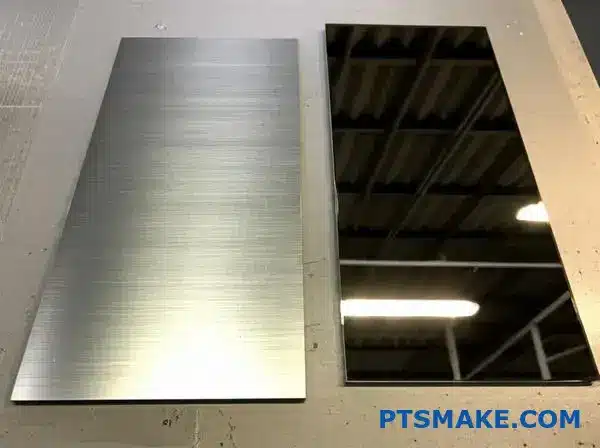 Två plattor av rostfritt stål med borstad texturerad yta och spegelpolerad ytfinish jämförelse