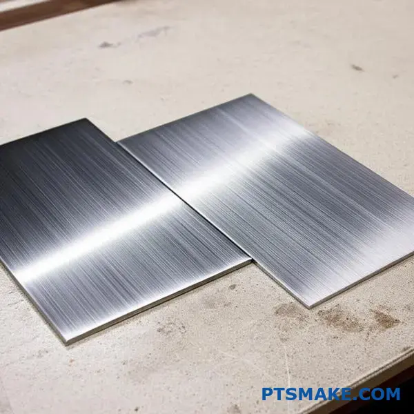 Två plattor i rostfritt stål med kontrasterande borstade metallfinisher och ytstruktureringsmetoder