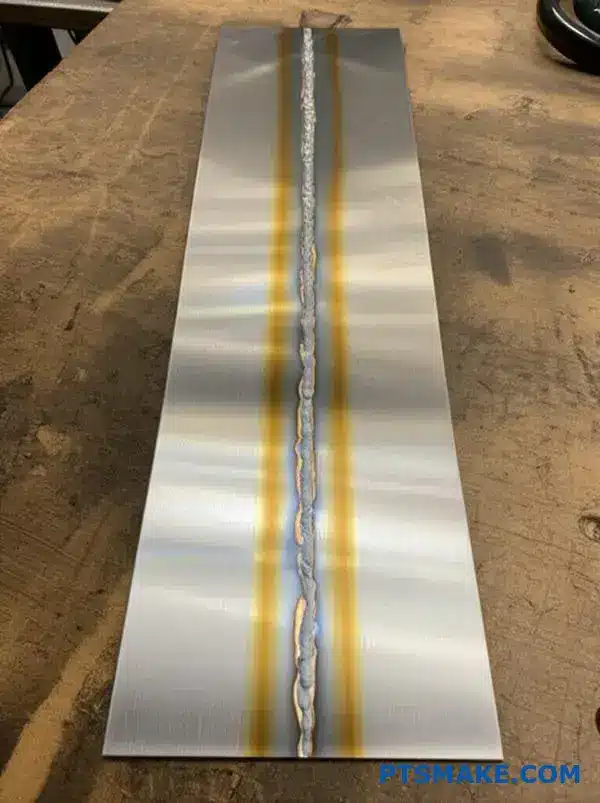 Panel av borstat rostfritt stål med svetsfog som visar värmemärken och variationer i ytfinishen på verkstadsytan