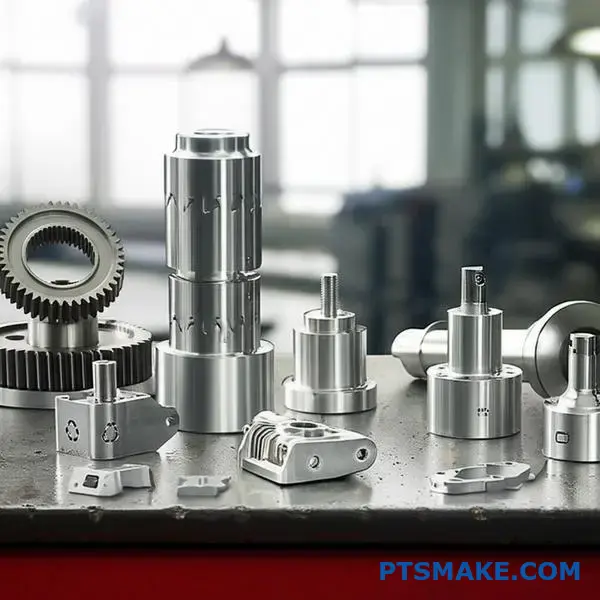 Samling av bildelar i borstat rostfritt stål som visar hållbara tillverkningsmetoder och ytbehandling av återvinningsbar metall