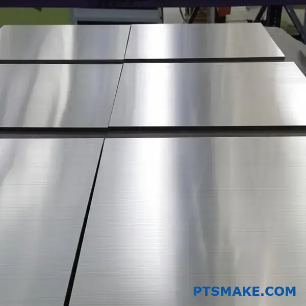 Flera plattor av rostfritt stål med konsekvent borstad ytfinish med enhetliga linjära kornmönster på en industriell arbetsplats