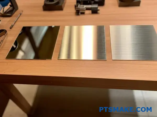 Porównanie mosiężnych płyt z polerowaną, satynową i szczotkowaną powierzchnią o różnych właściwościach teksturalnych