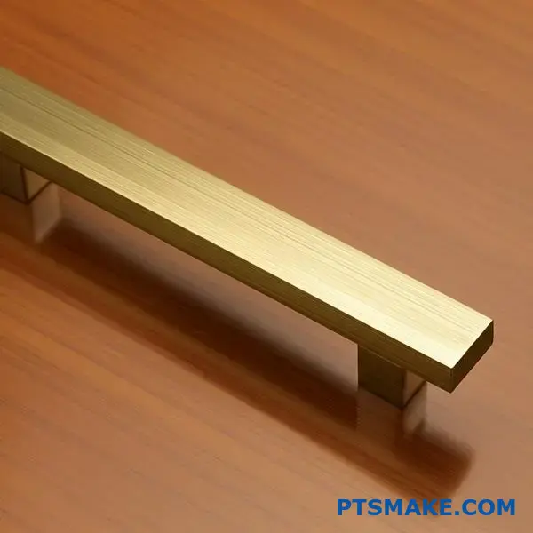 Wysokiej jakości mosiężna klamka do drzwi ze szczotkowanym satynowym wykończeniem o wyrafinowanej metalicznej fakturze powierzchni i ciepłym złotym wyglądzie.