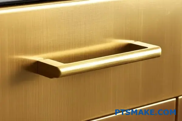 Złote mosiężne uchwyty do szafek ze szczotkowanym metalicznym wykończeniem z kierunkowymi wzorami słojów i ciepłą złotą teksturą powierzchni