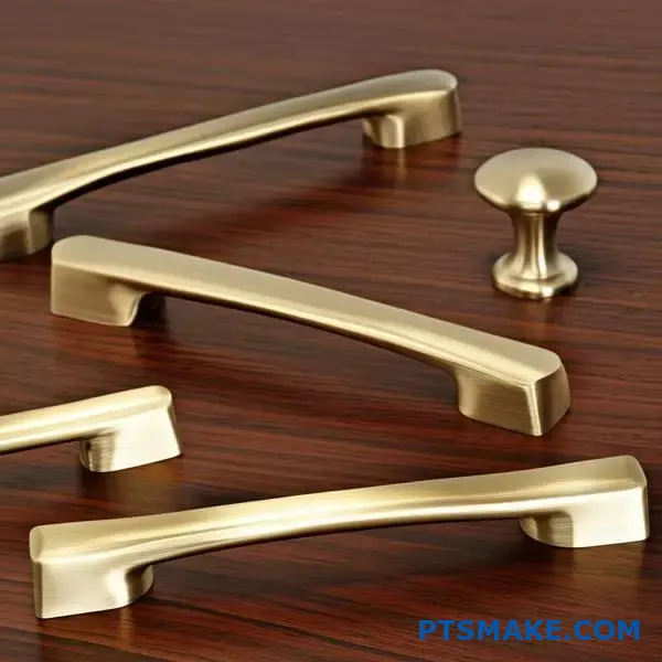 Kolekcja mosiężnych elementów okuć ze szczotkowanym złotym wykończeniem, prezentowanych na drewnianej powierzchni, pokazującej trwałą jakość konstrukcji.