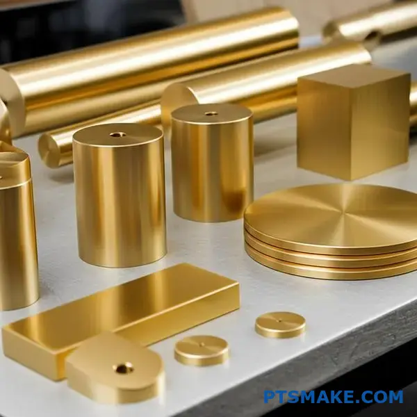 Kolekcja mosiężnych części z polerowanym złotym wykończeniem na powierzchni warsztatu