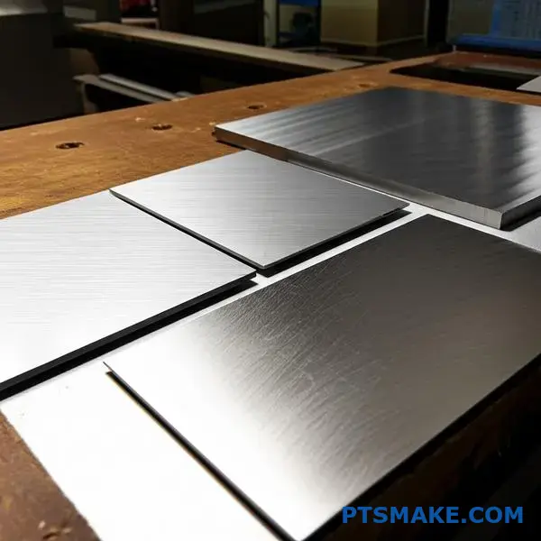 Steel and aluminum samples displaying distinct brushed surface textures on workbench