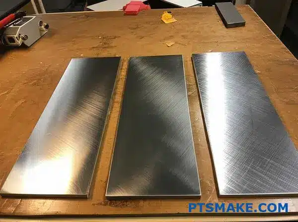 Three aluminum plates showing vertical, horizontal, and cross brushed metal surface textures on workshop table