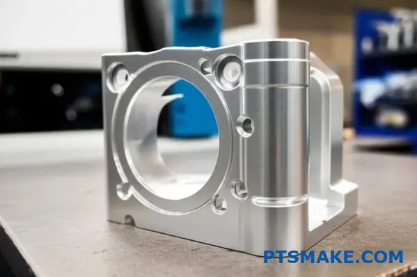 Precision aerospace part with polished brushed metal surface finish showing tight manufacturing tolerances