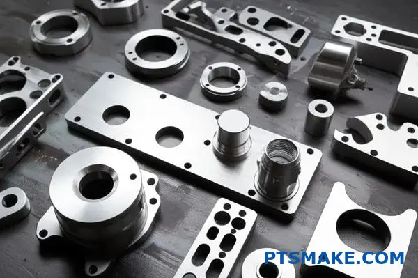 Various precision metal parts with brushed aluminum surface treatment displaying enhanced durability and reduced glare properties