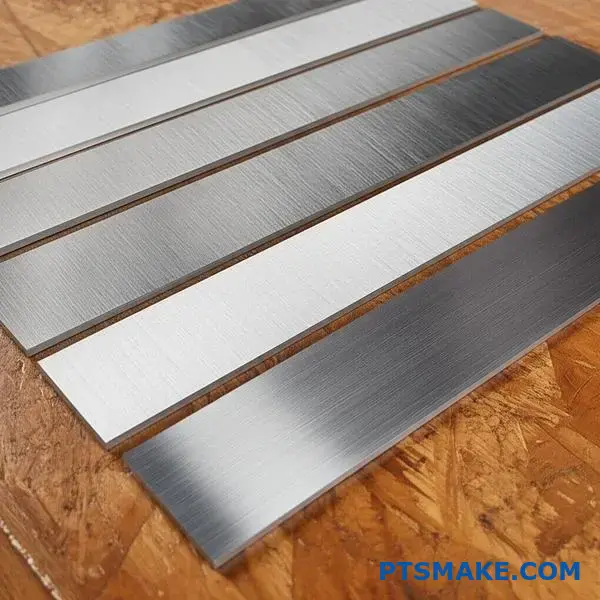 Various metal samples displaying different brushed surface textures and finishes arranged on workshop table