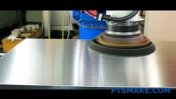 Industrial robot creating uniform brushed aluminum finish on metal panel in manufacturing facility