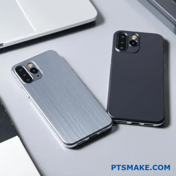 Two aluminum smartphone cases showing different surface treatments - brushed finish with linear texture and matte bead blasted coating