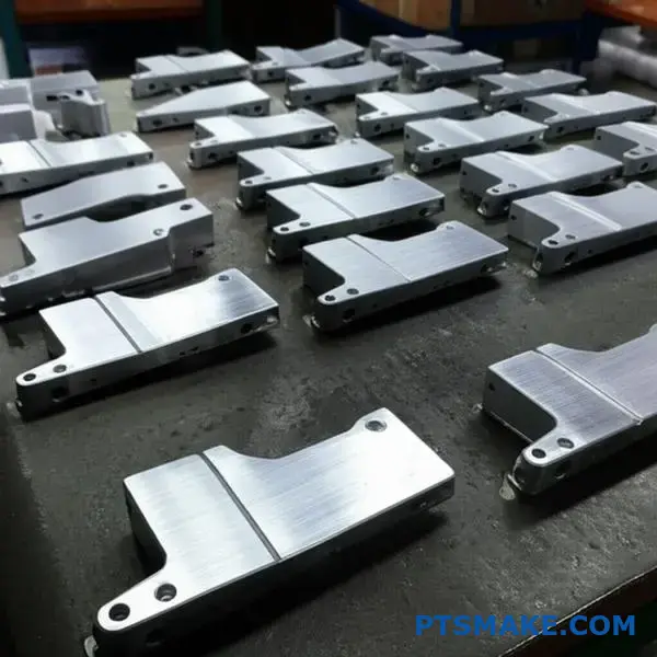 Multiple aluminum parts displaying uniform brushed metal surface treatment with consistent linear texture patterns