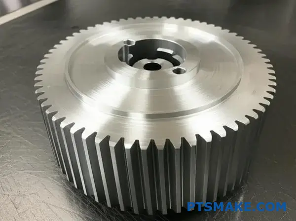 Close-up of aluminum gear with directional brushed finish on industrial workbench showing textured metallic surface